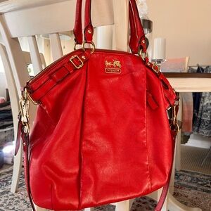 Coach Bright Red Leather Shoulder Bag with Gold Hardware